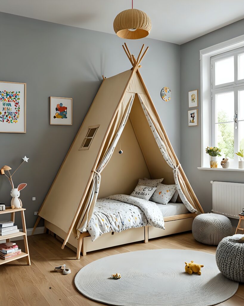 kamar anak kasur tenda coklat